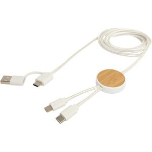 Chechia 5-in-1 recycled plastic 150 cm data sync and 27W fast charge cable with bamboo details - EgotierPro 124422