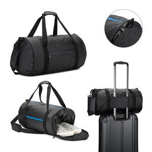 Cylindrical sports bag in high-density 600D recycled polyester with side compartment for shoes - Egotier 92573