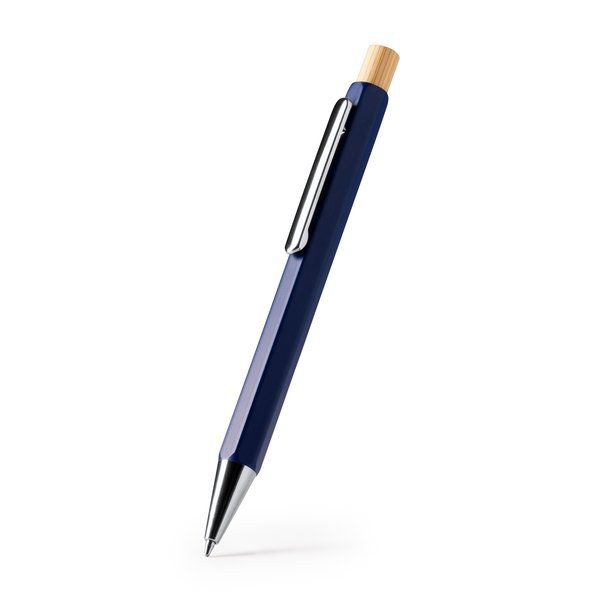 SALOM Hexagonal ball pen with metallic body and bamboo push button