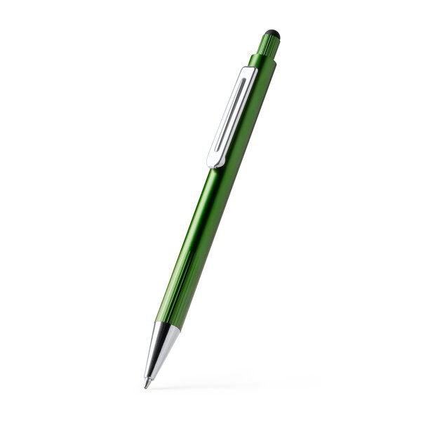 GARET Aluminium ballpoint pen with striped grip in metallic finish and touch pointer