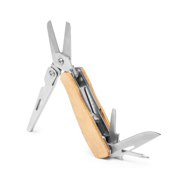 FUSCO 4 in 1 multi tool made from stainless steel with a bamboo body