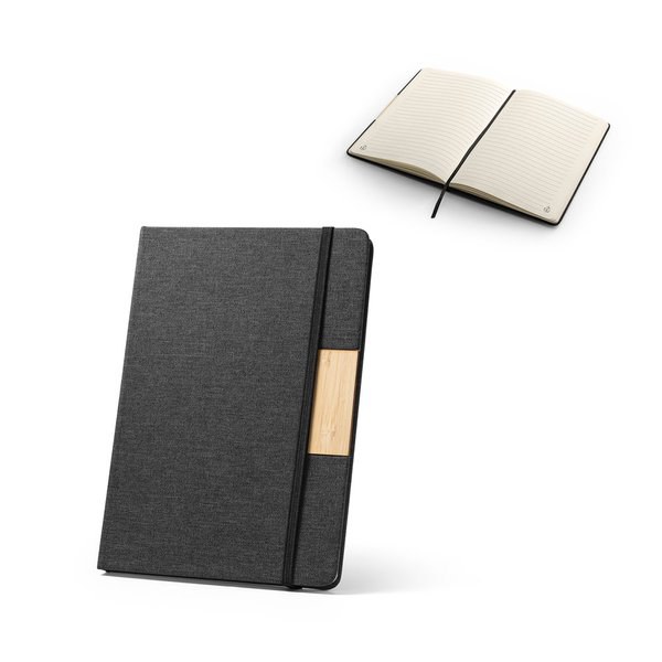 Notizbuch im Format A5 mit festem Einband aus 100 % recyceltem PET-Gewebe und linierten Seiten aus Recyclingpapier