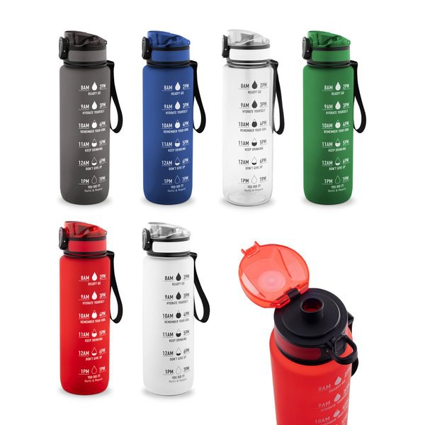 Flasche aus recyceltem PET (100 % rPET) mit motivierenden Sprüchen und Zeitmarkierungen, die zum Wassertrinken anregen